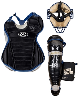 Lot of (3) Mike Piazza Game Used & Signed Los Angeles Dodgers Catchers Gear (Face Mask, Chest Protector, & Shin Guard)(MLB Authenticated & PSA/DNA) 
